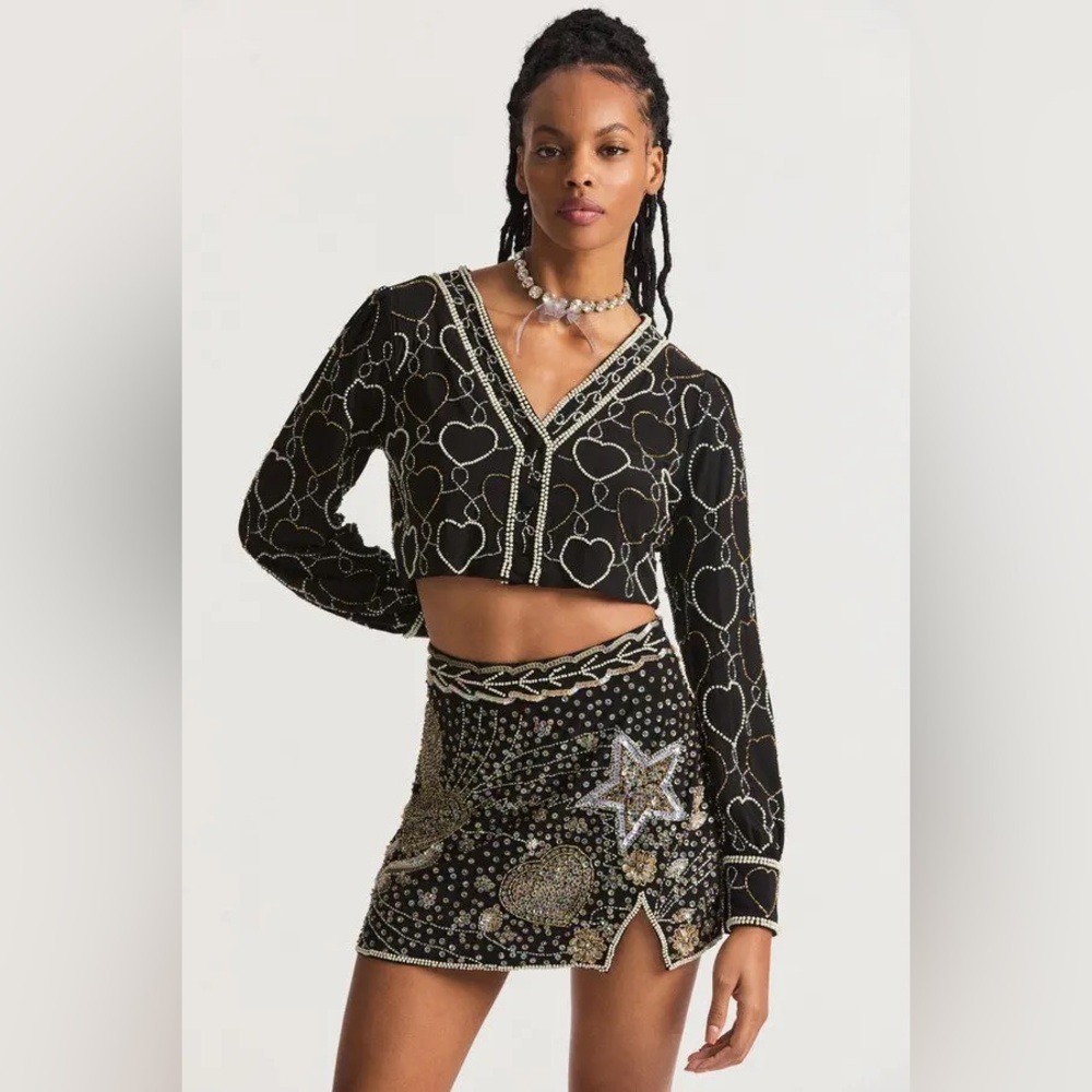 LoveShackFancy Black Embellished Cropped V-Neck Top